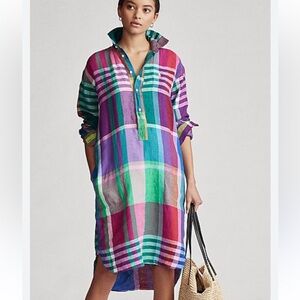 Polo Ralph Lauren Madras Plaid Linen Popover Shirt Dress NWT Sz 6